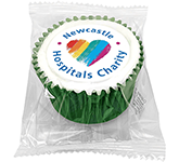 Wrapped Vanilla Frosted Cupcakes branded with your logo in full colour print