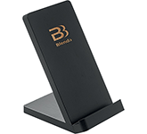 Laser engraved Noir Wireless Bamboo Phone Charging Stands for event merchandise at GoPromotional