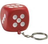Dice Keyring Stress Toys in red with a branded company logo for customer gifting