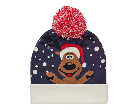 Rudolph Christmas Knitted Beanie Hats - Navy Blue