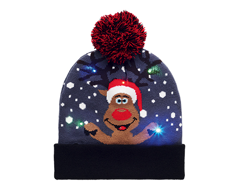 Dasher Christmas Light Up Knitted Beanie Hats - Navy Blue