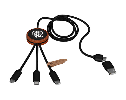 SCX Design C37 RPET 5-in-1 Light Up Logo Charging Cable With Wooden Casing - Black