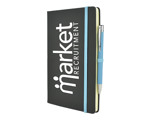 Inspire A5 Soft Feel Black Notebook With Pocket & Pen - Cyan