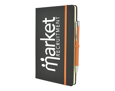 Inspire A5 Soft Feel Black Notebook With Pocket & Pen - Orange