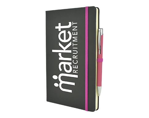 Inspire A5 Soft Feel Black Notebook With Pocket & Pen - Pink