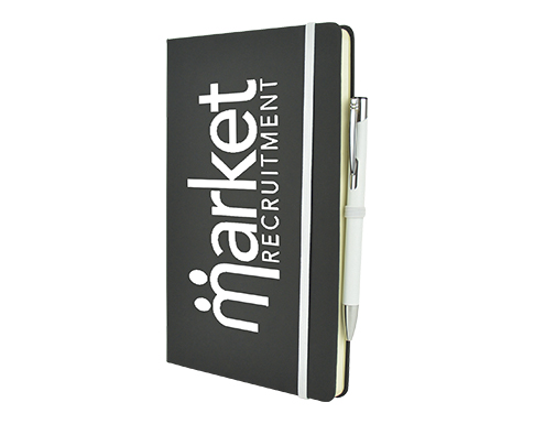 Inspire A5 Soft Feel Black Notebook With Pocket & Pen - White